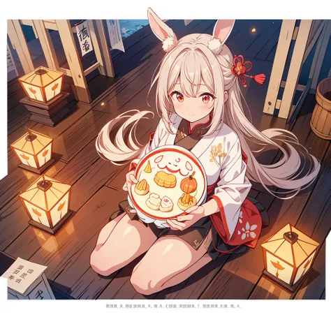 （rabbit：1.4）、sitting on the ground、look up、（（mid-autumn festival atmosphere；1.2、Kinmokusei、Kongming lantern、men scoon cake））、（Chinese character：1.3）、traditional chinese illustration style、digital art、simple background、A masterpiece on a white background、最h...