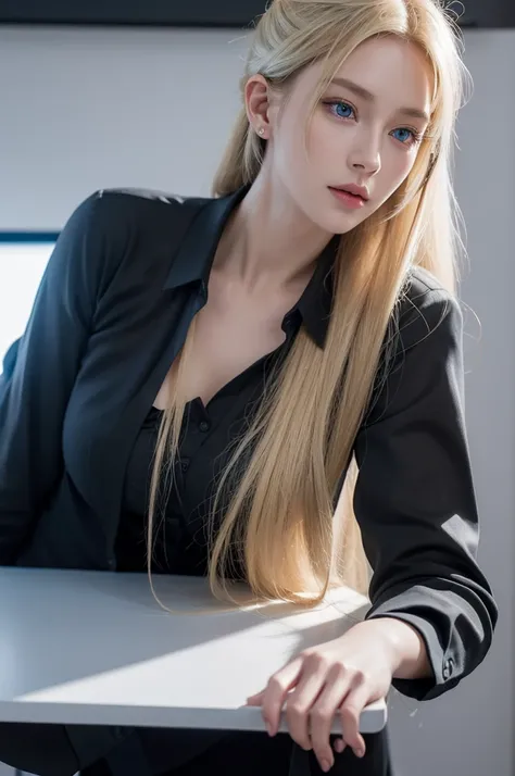 Elongated ears, big breasts, slender figure, slitted blue eyes, blonde hair, semi-long hair up, black shirt, grey suit, desk job at computer, serious expression, ceiling,
Ultra realistic, realistic capture, high detail, high resolution 16K human skin close...