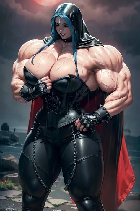 (((((Massive, tall, beautiful, buff, wet, pale white skinned muscular woman with royal blue hair, black lipstick, ginormous bulky muscles, wearing a black leather corset with tight pants and hooded cape))))), (red background), close view, ((massive muscles...