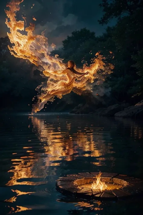 best quality,4k,8k,highres,masterpiece:1.2,ultra-detailed,realistic,photorealistic:1.37,circle,water,blue,fire,air,half,half,circle floating,materials,illustration,contrast between water and fire,impressive,ethereal glow,detailed droplets on the surface of...