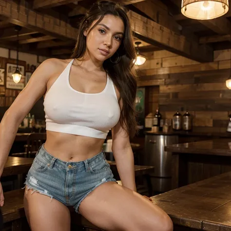 Instagram influencer, Latina female, 27 years old, athletic body, large breasts, tan skin, long wavy brown hair in a ponytail, green eyes. Wearing demon daisy duke shorts, a white tank top, and white cowboy boots. In a country bar riding a mechanical bull....