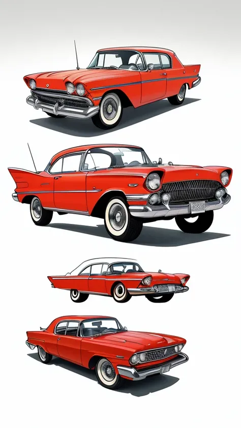 Arnie Cunningham style Cartoon style digital illustration and red and white classic car 1958 Plymouth Fury Cartoon style digital illustration white background bloody car 