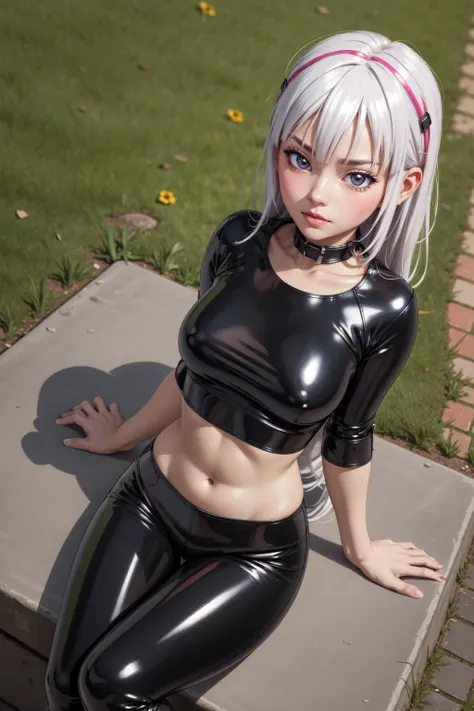 (masterpiece:1.0), (best_quality:1.0), Standing at attention, I look at the viewer, 8 k, 1 girl, One, Anime character girl with long white hair wearing clothes (black latex shirt:1.2), (latex pants), skin, clavicle, latex, brilliant, navel,(black latex shi...