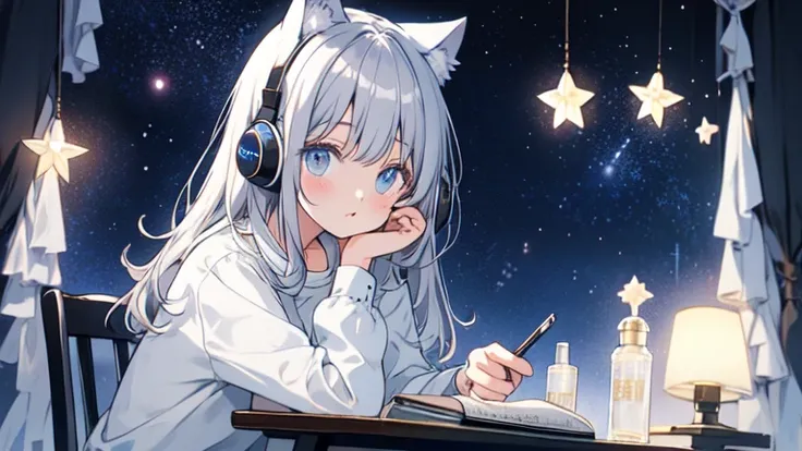 starry sky、dark room、Notebook on desk、Sit on a chair and study、The girl has long, gray hair.、Wearing cat ear headphones。Dressed in white pajamaore backgrounds、Small character