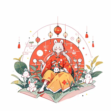 （Chibi  Eared Rabbit）, sat on the ground, Looking Up, （（Mid-Autumn Festival atmosphere，Sweet osmanthus，Kong Ming Lantern，Meniscuooncakes）），（Chinese Chinese Characters：1.3），Traditional Chinese Illustration Style, Digital Art, Simple background, Masterpiece ...