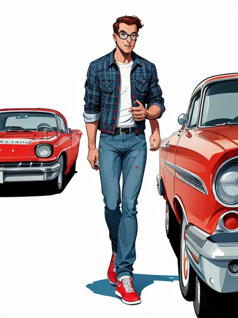 Character Arnie Cunningham thin with glasses big ironed hair well combed black allstar tennis jeans blue and black plaid jacket and counted in his car Cartoon style digital illustration and red and white classic car Plymouth Fury from 1958 Cartoon style di...