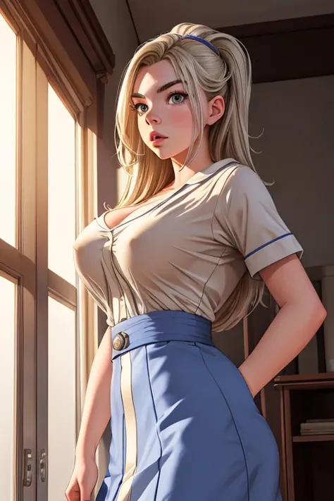 1girl, (Anya Taylor-Joy:1.2), nurse, infirmary, large breasts, taut clothes, solo, huge breasts, realistic, photorealistic, impossible clothes, thick lips, full lips, big lips, (surprised:1.2), (shocked:1.2), [blonde hair|silver hair], two-tone hair, shiny...