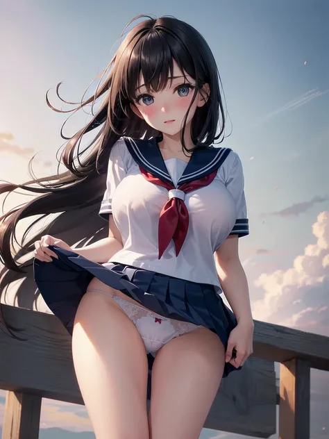 very cute and beautiful girl,(highly detailed beautiful face and eyes:1.2), huge breasts, (((blush))), (sailor school uniform), (navy blue pleated mini skirt:1.15), leaning forward, from below, (white panties, lift skirt, pantie shot, blush,) (town overvie...