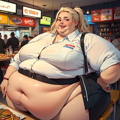 (masterpiece, best quality, highres, detailed, realistic:1.2), young american woman, fast food uniform, ussbbw, (morbidly obese:...