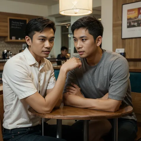 2 malay man having discussion in cafe, facing camera