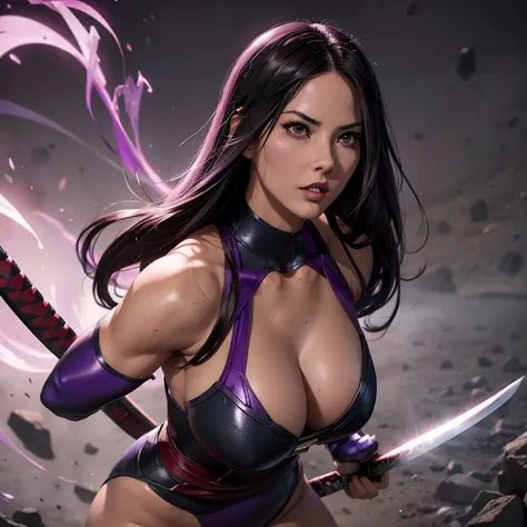 olivia munn psylocke muscular body perfect breasts maroon lips face would be purple leotard samurai katana in her hand