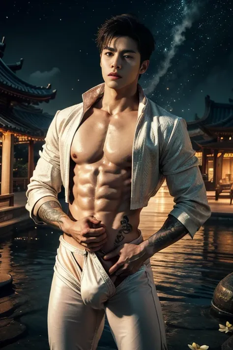 Handsome guy, 25 years old, Asian,kpop idol,  master work, best picture quality, higher quality, high detail, super high resolution, 8k resolution, delicate facial features, boy, big detailed muscles, human skin, manly face,realistic body, tattoos, glowing...