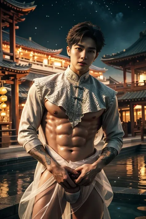 Handsome guy, 25 years old, Asian,kpop idol,  master work, best picture quality, higher quality, high detail, super high resolution, 8k resolution, delicate facial features, boy, big detailed muscles, human skin, manly face,realistic body, tattoos, glowing...