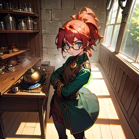 (8k, RAW photo, highest quality), pretty girl using tools next to a table, in a factory, water pipe, water tank, 18th century, short red hair, steampunk aviary helmet, available coat, detailed glasses , (detailed eyes: 0.8), (smart look), (highest quality)...