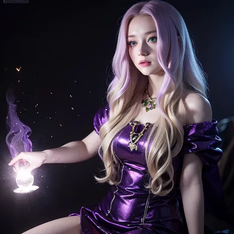 russian young girl, long blonde hair with purple hair, green eyes, cute and shine, magical knowledge, cast spell with brilliant lights, dark and deep background, demons near her, war of light and evil, dark bloody short dress, ammunition, short stuff of wi...