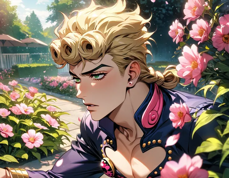 absurdres, highres, ultra detailed, HDR, master piece, best quality, Giorno Giovanna, blond hair, expressive green eyes, Jojo bizarre adventure, 1man, handsome, garden, pink flowers, petals