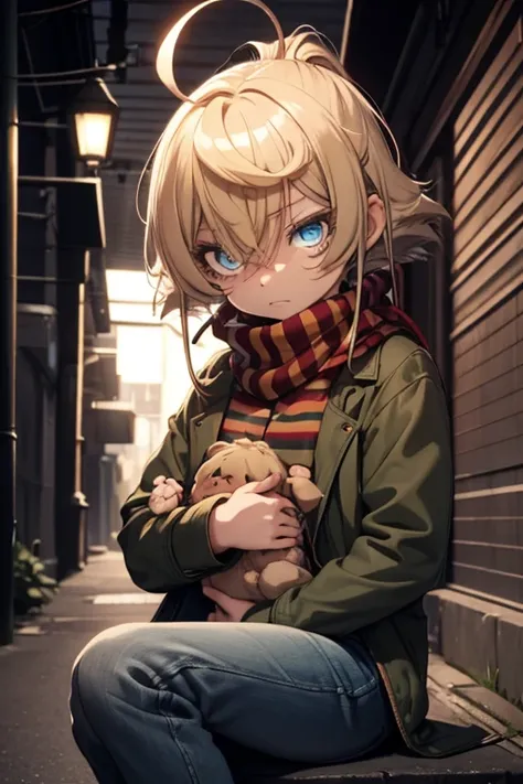 Anime Non-binary Person, Dark Blonde Hair, Thick Hair, Short Hair, Right Eye covered by Hair, Dark Eyes, Red and Green Striped Scarf, Light Brown Jacket, Denim Jeans, Gray Sneakers, Midnight Alleyway Background, Dark Lighting, Illuminated by a Lamp, Sad Ex...