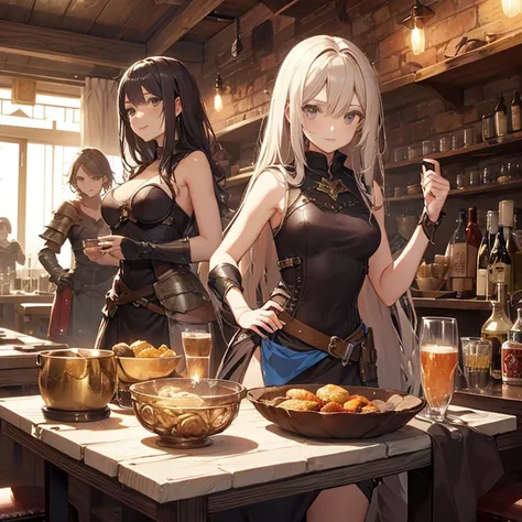 A group of  female medieval fantasy adventurers, (in tavern), various hair styles, harem, night, details face, seducing, sleeveless, armor 