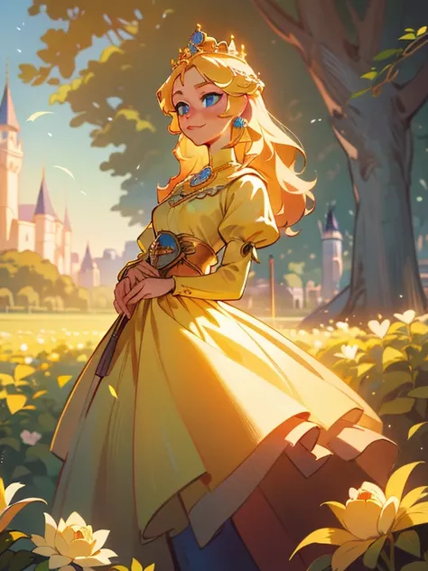 A girl with stunning blue eyes, a radiant smile, and flowing golden hair; wearing an elegant gown adorned with delicate flowers. The princess of the month of June gracefully stands in a magical garden, surrounded by blooming roses and vibrant summer foliag...