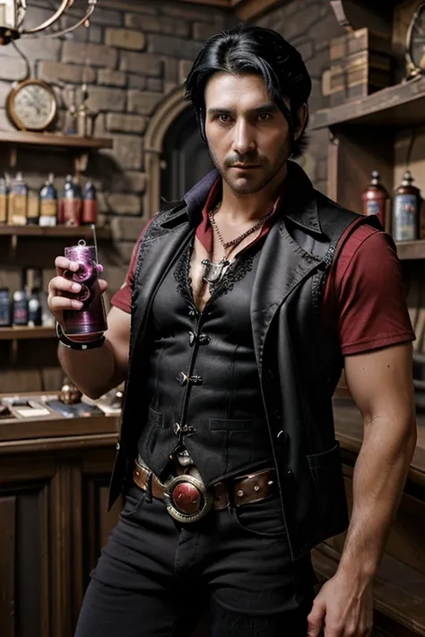 30 year old man black hair open steampunk vest red shirt black jeans slim muscular build moon medallion looking straight at viewer in potions store background black belt with star shaped buckle holding a crystal 