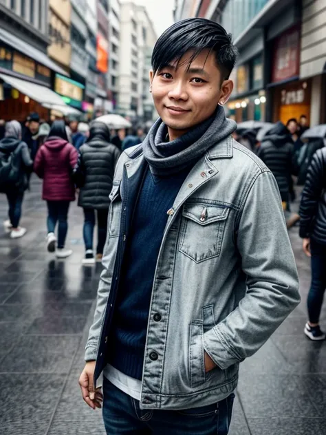 photo of an Indonesian man, 35yo, oval face shape, wearing casual fashion, jacket, ear studs, gray scarf, sweater, short razor-cut black hair, gentle (effeminate), (shaved), eyeliner, standing on the walkway, background is a crowded street, rain, humid, ov...