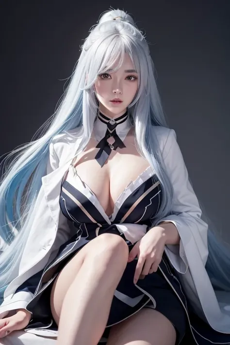 anime style、white skin、white hair、long hair、Hair with blue highlights、look up、The largest and most prominent、Colorful gas expression、seductive big breasts、woman、High-frequency detail (((sharpness))) 、( (sharp focus: 1.2))、puerosface_V1: 0.7)、(8K、highest qu...