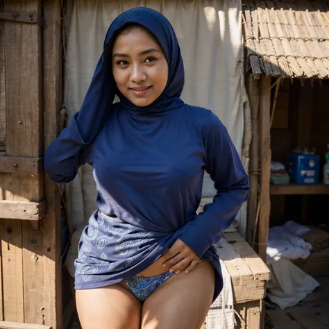 A 52 years old naked Indonesian woman in hijab, very dense pubic hair, dark skin, curvy body, short body, flat-chested, small breasts, villager, poor girl, wearing paisley pattern hijab, wearing blue long sleeve tight t-shirt, bottomless, wearing no pant, ...