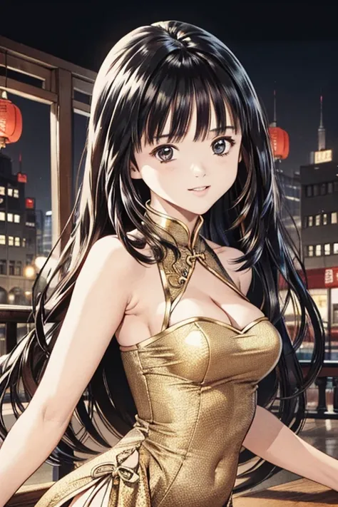 (8K、top-quality、​masterpiece:1.2)、(realisitic、ultra-detailliert、超A high resolution、1 girl,beautifull detailed face,layered hair,long black hair,a smile、Constriction、(Slim waist) :1.3)、cleavage、Beautiful detailed skin、Skin Texture、Floating hair、Professional...