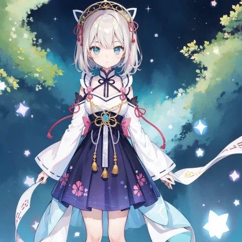 1girl、vtuber-fullbody、Star Fairy、masterpiece、official art、Super detailed、super beautiful、かわいいStar Fairy、white straight short hair、Milky Way、universe、star charm、Star、baby face、Knee-high boots、Japanese pattern dress、A beautiful girl wearing black and white c...