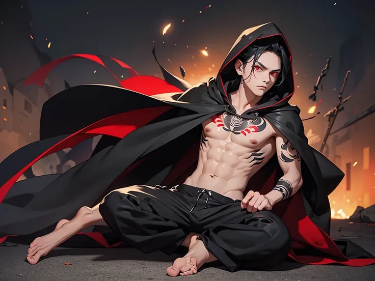 Boy, red eyes, black hair, tribal tattoo on arms, shirtless, loose pants, barefoot, serious face, full body, night background, black cape and hood