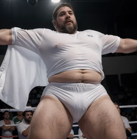 Simon "Ghost" Riley, 50 year old sexy fat bearded man,full of sweat,Full body,Big belly,((Wearing a white shirt and white trunks)),Stunned face,Open the legs,In the darkness, view from below, wrestling, uniforme wrestling. detalhado, lutando em um ring de ...