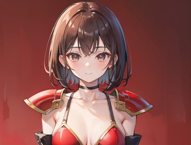 masterpiece,highest quality,1 girl,brown hair,short hair,black eyes,(parted bangs),red shoulder armor,red bikini armor,medium ch...