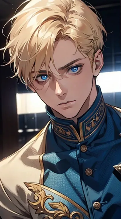 1 male with unique and beautiful features. He has bronze skin, short blond hair, ((big eyes, charming blue eyes, that give his face a touch of mystery and attraction)), He wears elegant and innovative clothes that reflect a unique character and a strong pe...