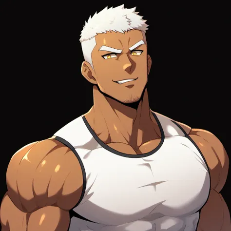 anime characters：gyee, fitness coach, chocolate skin, 1 muscular tough guy, manliness, male focus, cream white sleeveless tight ...