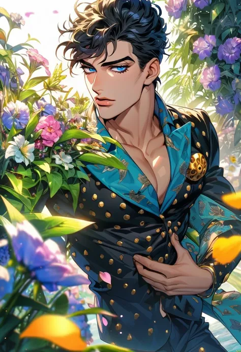 Ultra detailed, highres, absurdres, HDR, Bruno Buccellati, black hair, blue eyes, JoJo bizarre adventure, green leaves, flowers and petals, summer, 1 man only, handsome,