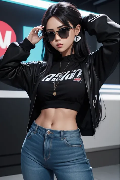 girl with stunning 12K character with 3D resolution in [Hip Hop] estilo, seios grandes, Top rosa, fones de ouvido, big dark glasses, cabelo preto comprido, chibi em detalhes (corpo todo), altamente detalhado, Brilhante, qualidade ultra alta, hiperrealismo,...