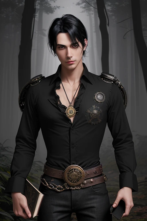 Man in his 20s black hair Steampunk clothing black shirt black jeans slim muscular build arcane medallion looking straight at viewer in foggy night forest background black belt with star-shaped buckle holding a book