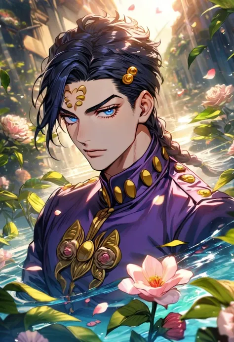 Ultra detailed, highres, absurdres, HDR, Bruno Buccellati, black chin-length hair with straight-cut bangs on his forehead, his hair is adorned with a braid going along the top of his head and a hair clip surmounted on each side of his bangs, blue eyes, JoJ...