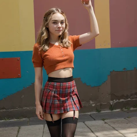 AnnaSophia Robb dressed in a colorful skirt and stockings