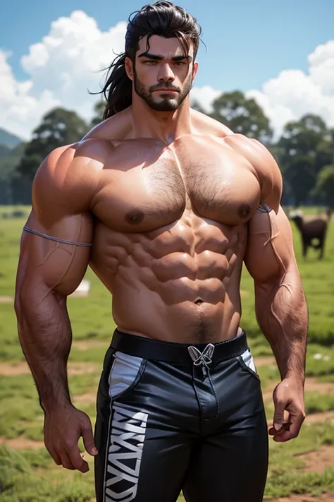 Homem bodybuilder com cara de cavalo, em uma fazenda.