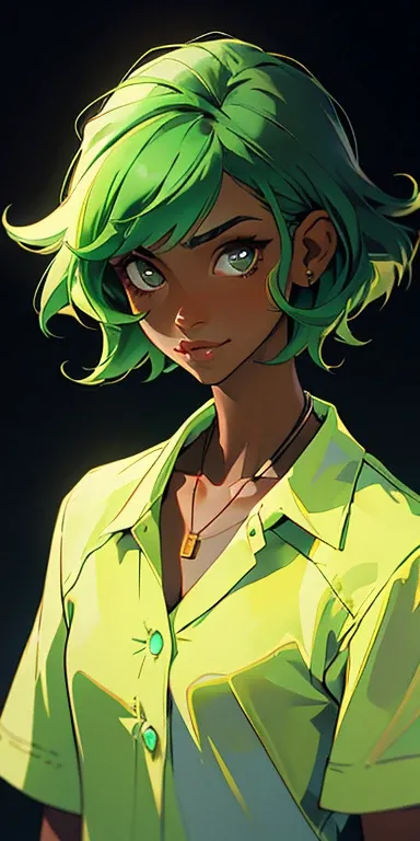 (masterpiece, best quality), 1girl, collarbone, rings, straight hair, looking at viewer, upper body, necklace, shirt, gang at back, dark skin, green hair, sunlight