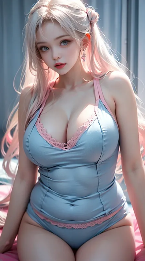 Light blue and pink color scheme，sexy girl ，tiny body，Beautiful breasts、huge breasts:1.4，plump breasts,，white curly hair,　Colorful camisole vest