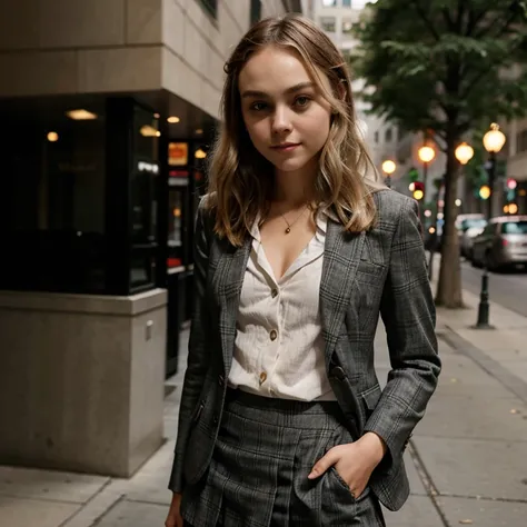 AnnaSophia Robb dressed in a blazer and elegant skirt