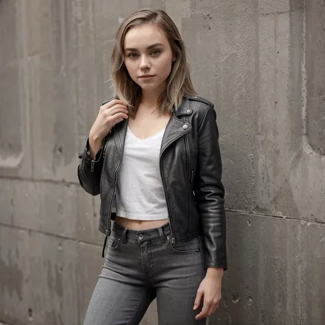 AnnaSophia Robb dressed in gray leather jacket and leather jeans