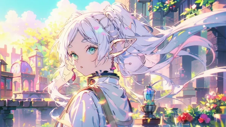 ((highest quality, super detailed woman:1.3)),(White hair,elfs ears,green eyes,shining eyes,small,small Rounded eyebrows ,long twin tail:1.2),Flower Meadow, (landscape photography:1.1), (highly detailed background:1.2),(cowboy shot:1.2)