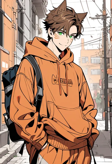 Handsome, solo, 1 male, short hair, 1man, orange hoodie, hand in pocket, school bag, brown hair, green eyes, street, lineart, orange cat, basketball shorts, smile facial, cat boy