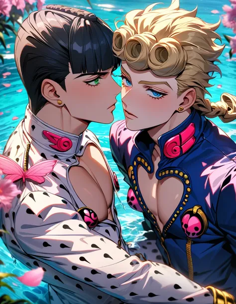 absurdres, highres, ultra detailed, HDR, masterpiece, Giorno Giovanna, blond hair, expressive green eyes, jojo bizarre adventure, Bruno Bucciarati, black hair, expressive blue eyes, 2men together, gay couple, water, pink petals, pink flowers, pink butterfl...