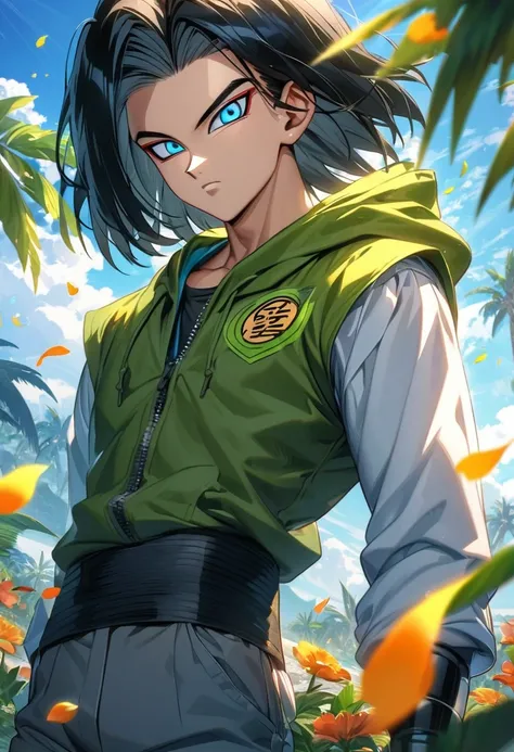 Ultra detailed, highres, absurdres, HDR, Android 17, black hair, blue eyes, Dragon ball Super, handsome, 1 man only, summer, green leaves, petals and flowers,