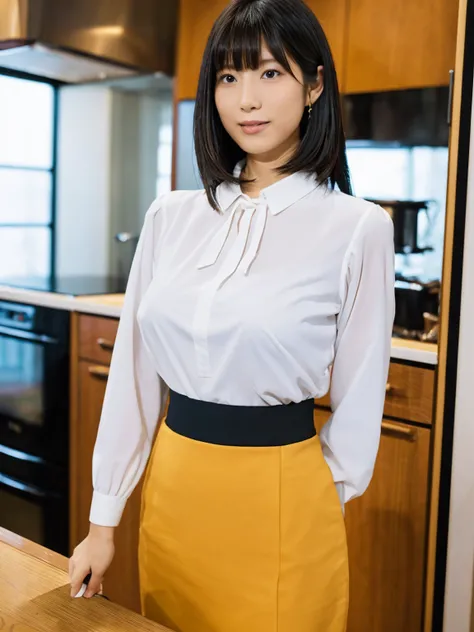 (8K,RAW photo,highest quality,masterpiece:1.8),(looking at the viewer:1.7)erotic,(standing in the kitchen:1.7),(huge breasts:1.6),(Very small waist:1.7),(very thin legs:1.7),(Tight white buttoned blouse:1.7),(A white blouse that accentuates the shape of he...