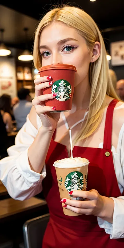 Hand of blonde woman at starbucks showing her new caramel latte, cup to go, long red nails --ar 9:16 --style raw --stylize 50